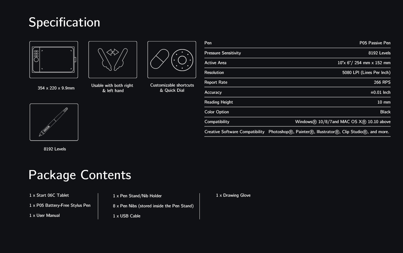 Specification and Package Contents of XP-Pen Star 06C budget drawing tablet