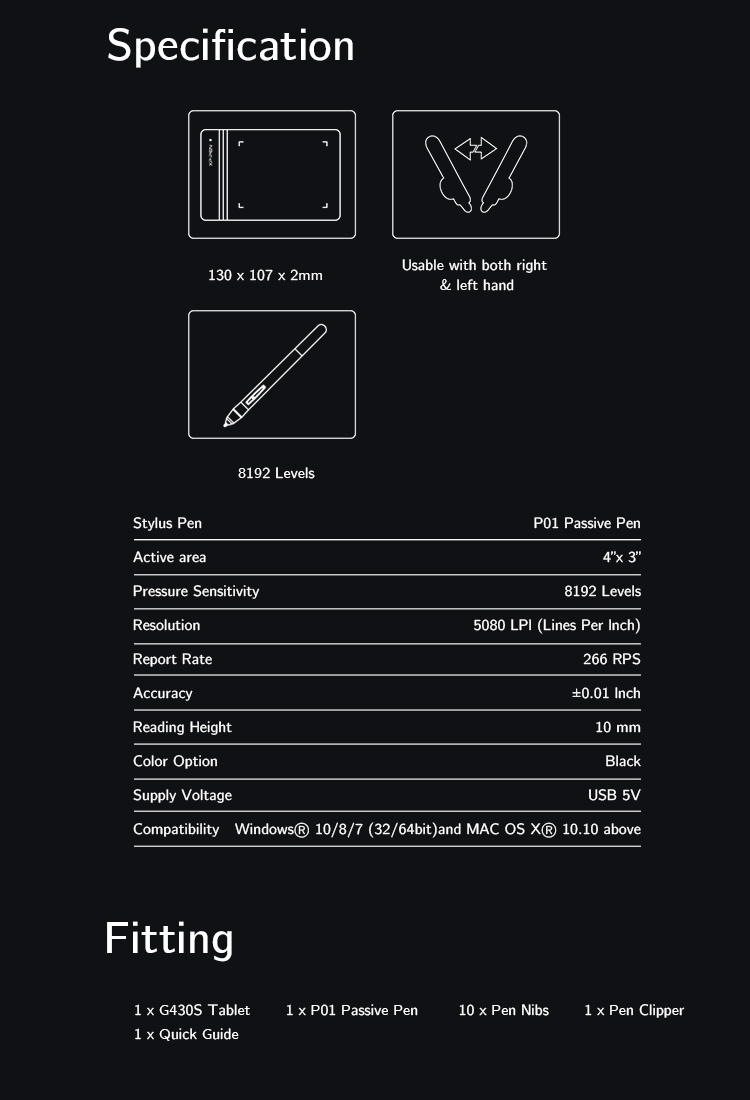 XP-Pen Star G430S kids digital drawing pad Specification