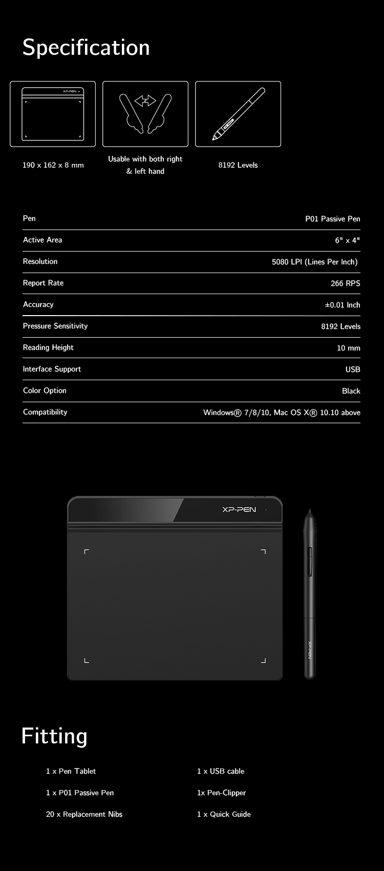 XP-Pen Star G640 best cheap drawing tablet Specification
